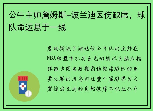 公牛主帅詹姆斯-波兰迪因伤缺席，球队命运悬于一线